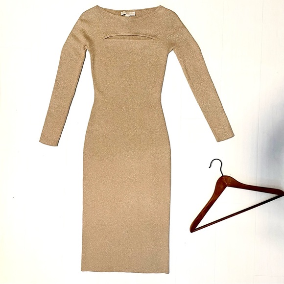 MICHAEL Michael Kors Dresses & Skirts - NWT Michael Kors Formfitting Long Sleeved Gold Y2K Knit Midi Dress, size Small